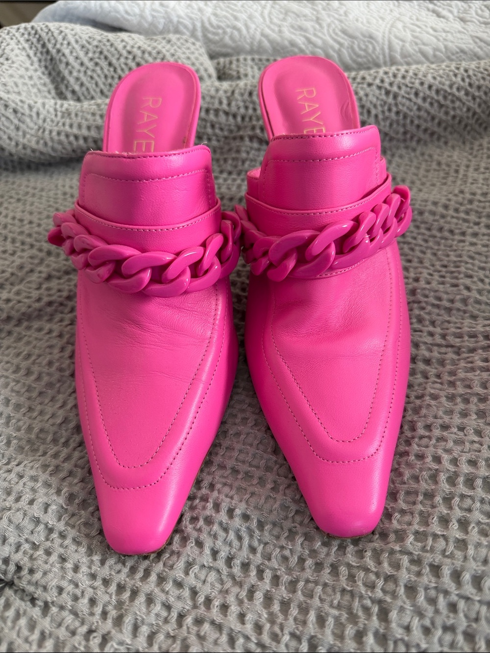 RAYE Neon Pink Chain-Trim Pointed Mule Loafers worn once